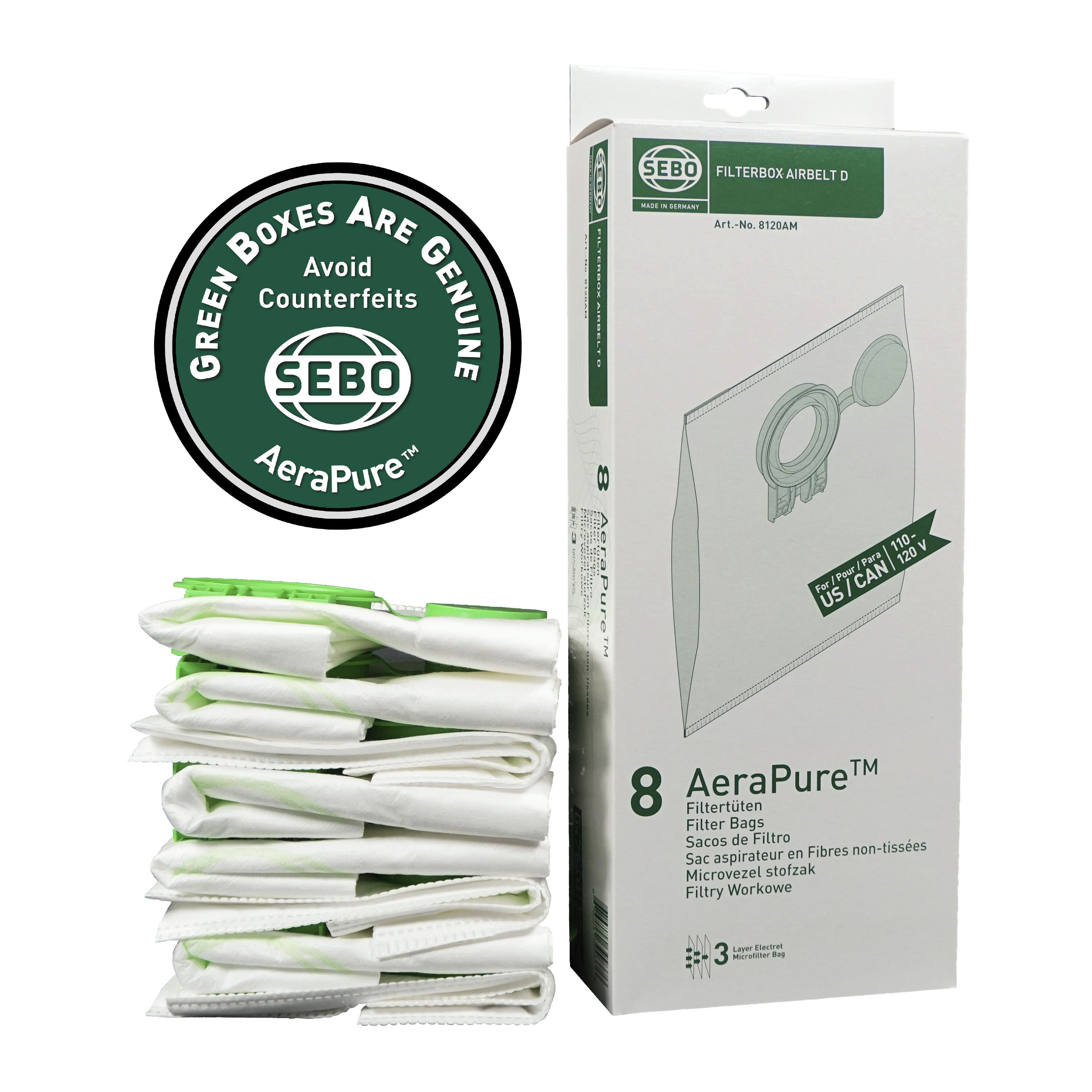 Filter Bag Box AIRBELT D (1 piece), 8 three-layer AeraPure Bags with caps per box 